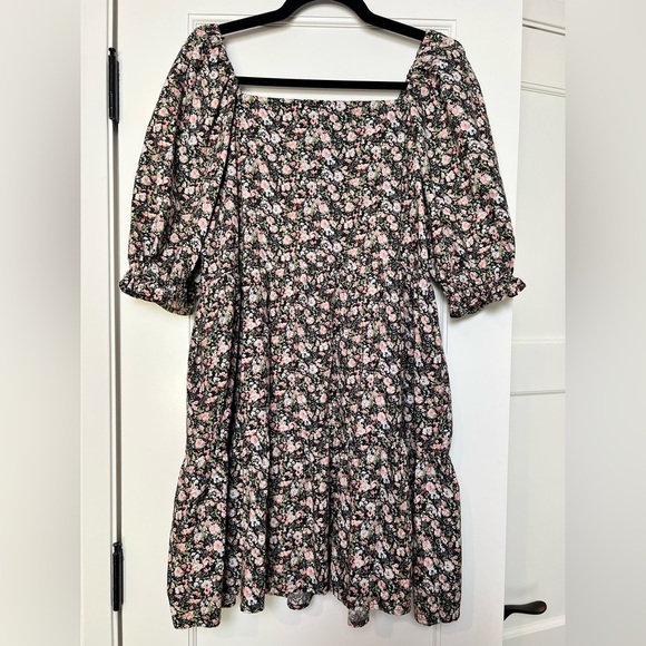 LEVI'S Black Floral Pouf Sleeve Square Neck Short Dress (Small) - Picture 4 of 5